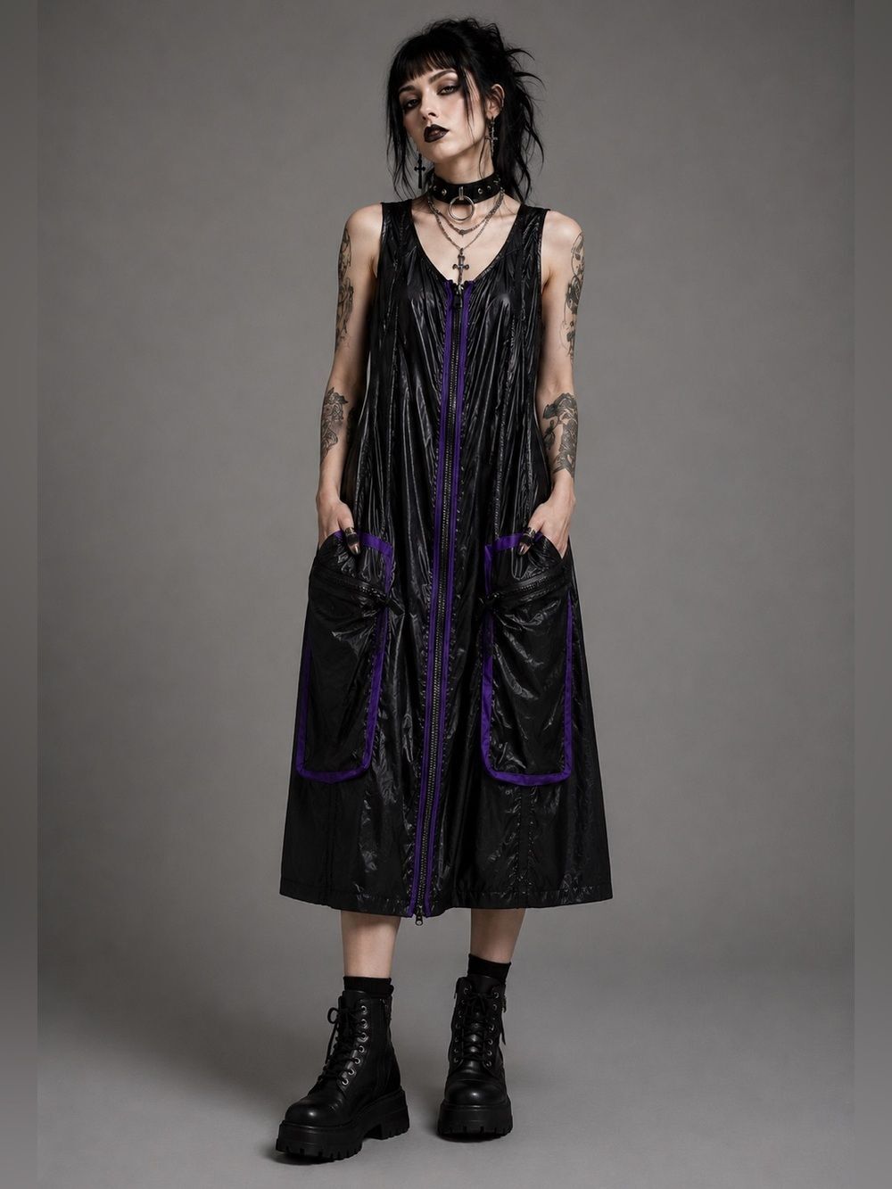 Caraclan faux Black Purple Zipper Pocket Front Midi Maxi Tank Dress Large Goth